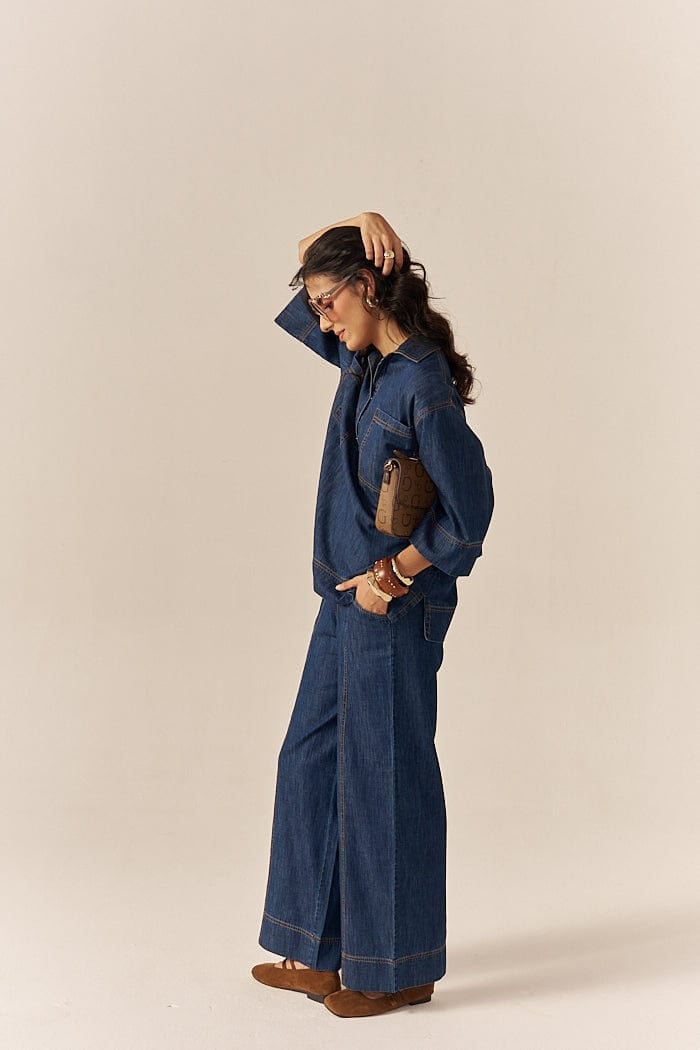 Blue Denim Shirt and Flared Pants Co-ord Set