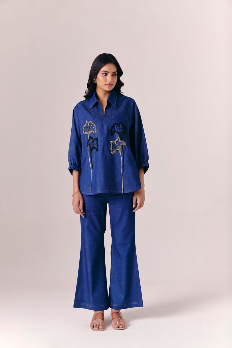 Dark Blue Denim Pullover Shirt with Handwork Detail