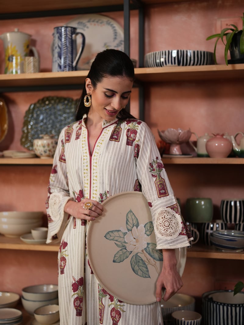 Multicolor Asymmetrical V-Neck Printed Cotton Kurta Set