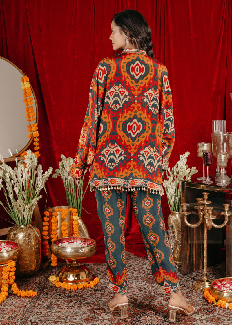 Orange Red Teal Printed Co-ord Set with Tie-Up Neck