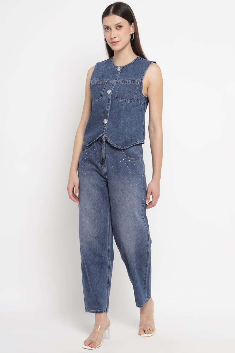 Ultramarine Rhinestone-Embellished Relaxed-Fit Jeans