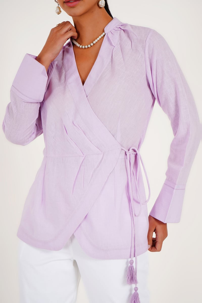 Lilac Wrap Pleated Top with Side Tassel Tie