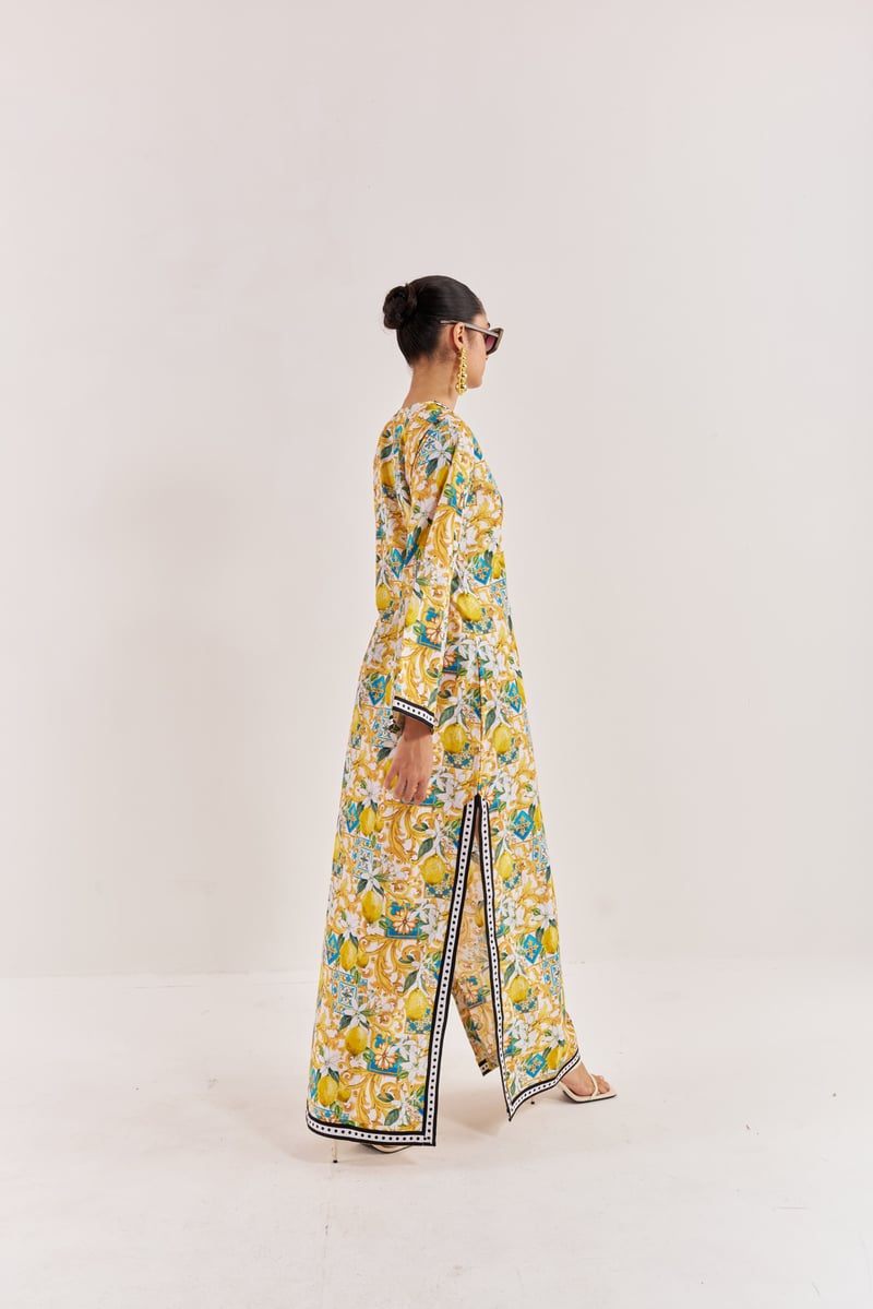 White/Yellow Lemon Print Cotton Poplin Maxi Kaftan