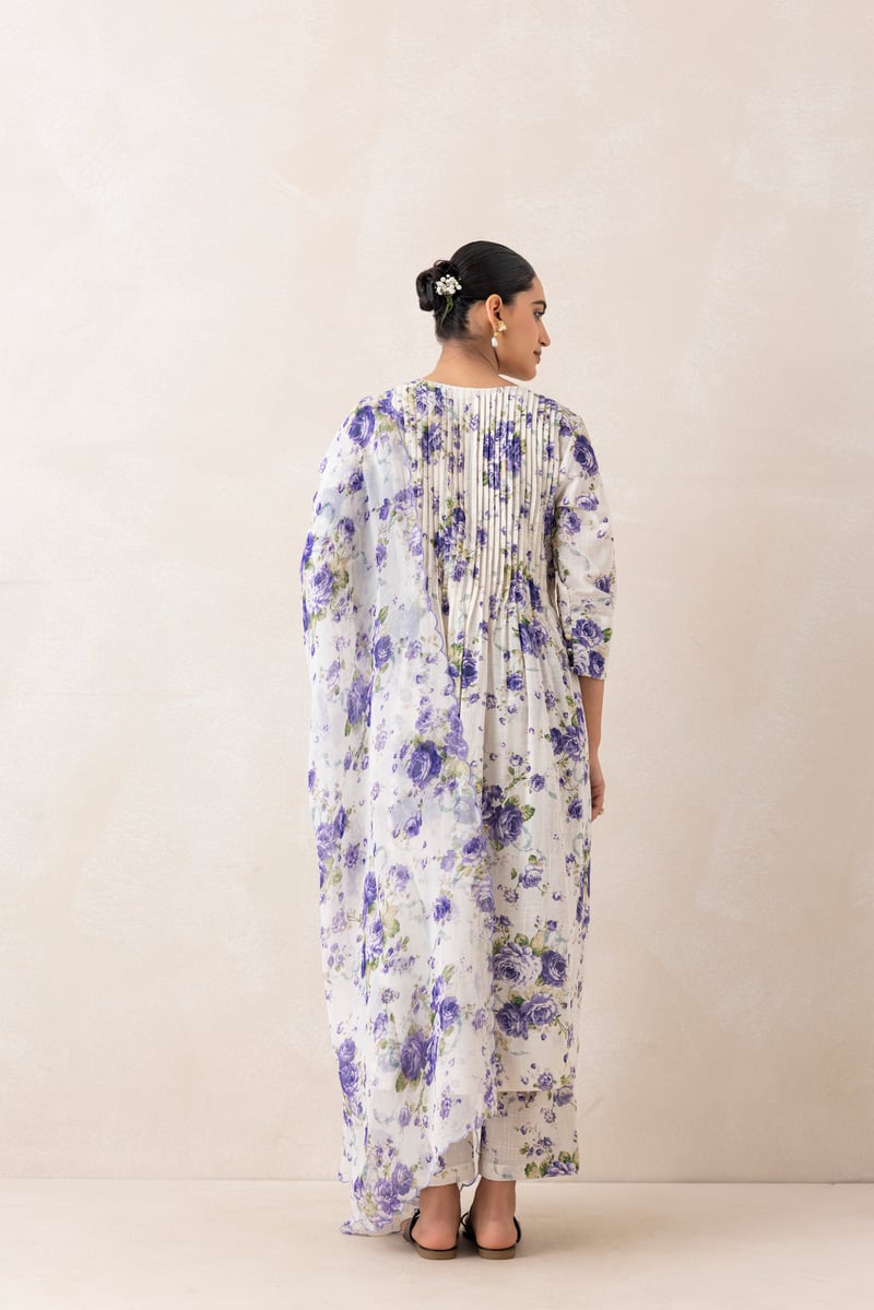 Purple/White Floral Flared Kurta Set with Palazzo and Dupatta