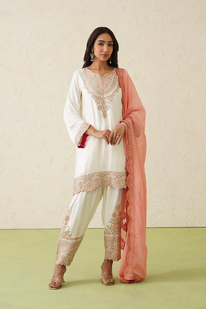 Cream Embroidered Kurta Set with Peach Organza Dupatta
