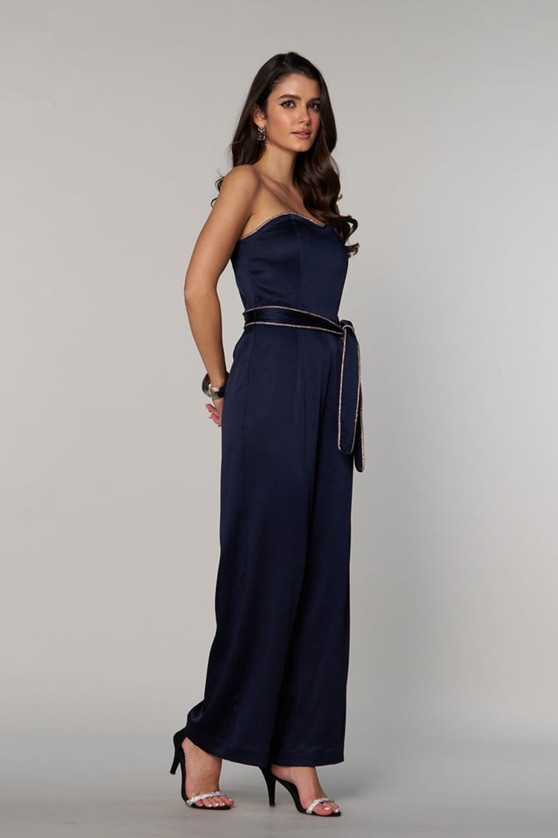 Navy Satin Strapless Sweetheart Jumpsuit with Belt