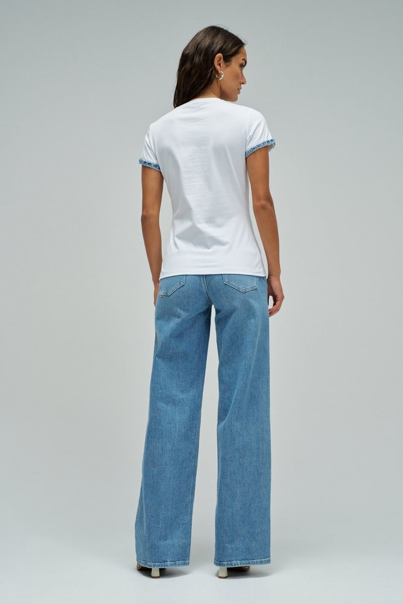 White Crew Neck Graphic T-Shirt with Sleeve Trim