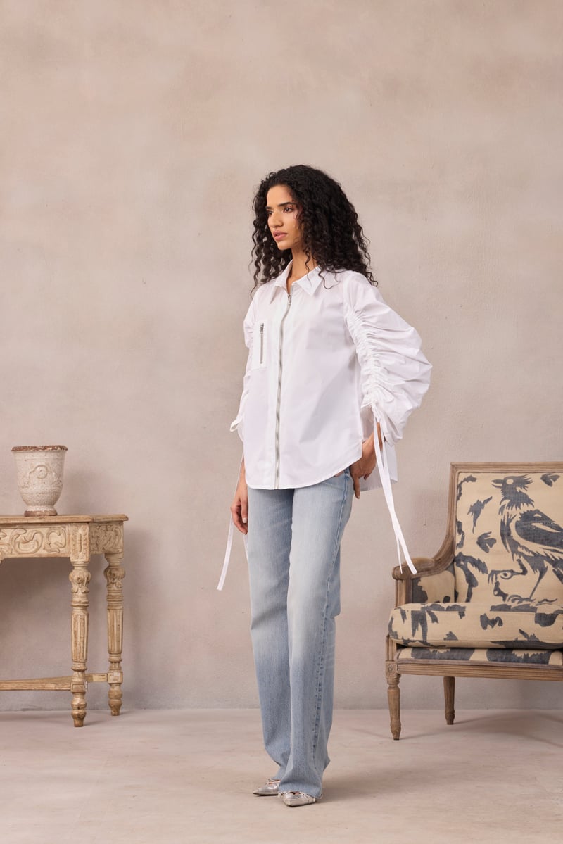 Lavender Ruched Sleeve Zip-Front Shirt