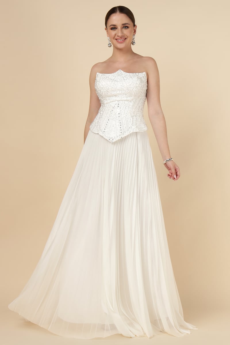 White Off-Shoulder Sequin Bodice Maxi Gown — NAZELLA