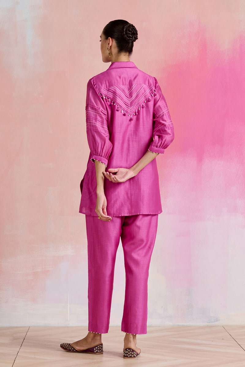 Bright Pink Chanderi Embroidered Kurta Set with Pants
