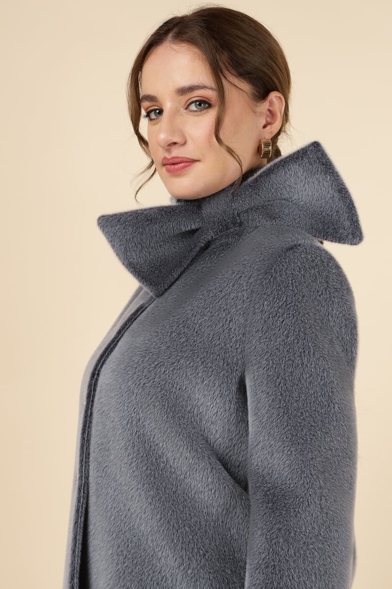 Grey Plush Bow-Collar Button-Front Jacket