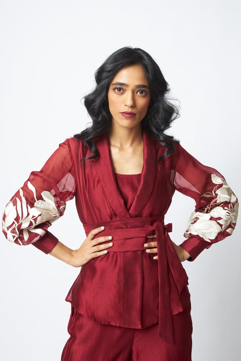 Burgundy Wrap Blazer Top and Wide-Leg Pants Co-ord Set