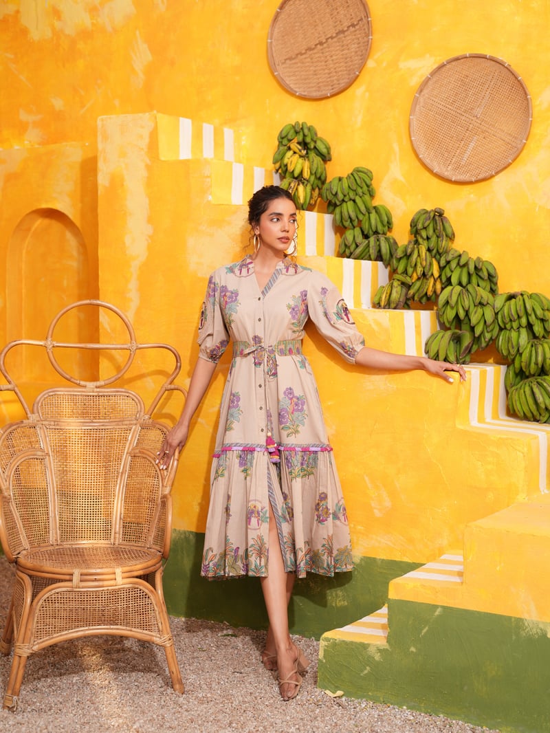 Dusty Lilac Tropical Printed Belted Tiered Midi Dress