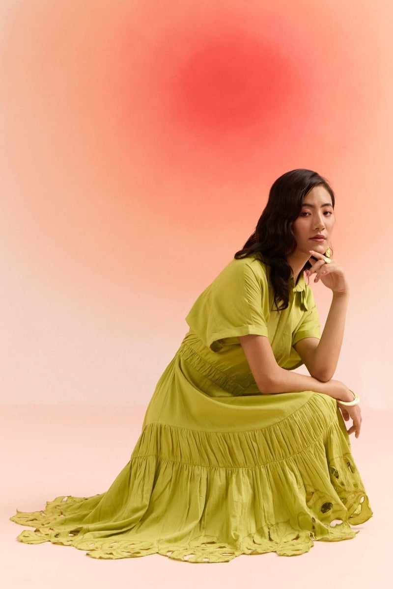 Lime Green Fit and Flare Maxi Dress with Cutwork Hem