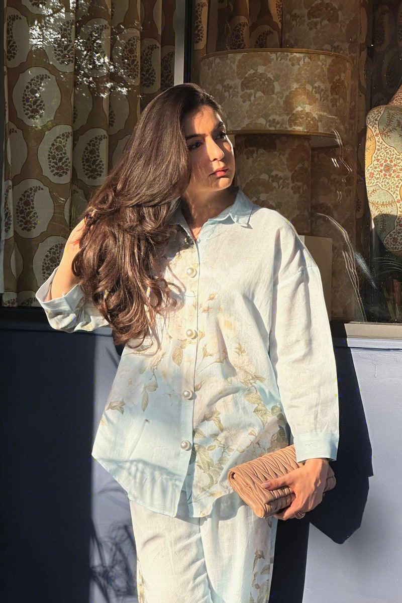 Blue Floral Shirt and Pants Co-ord Set with Scarf