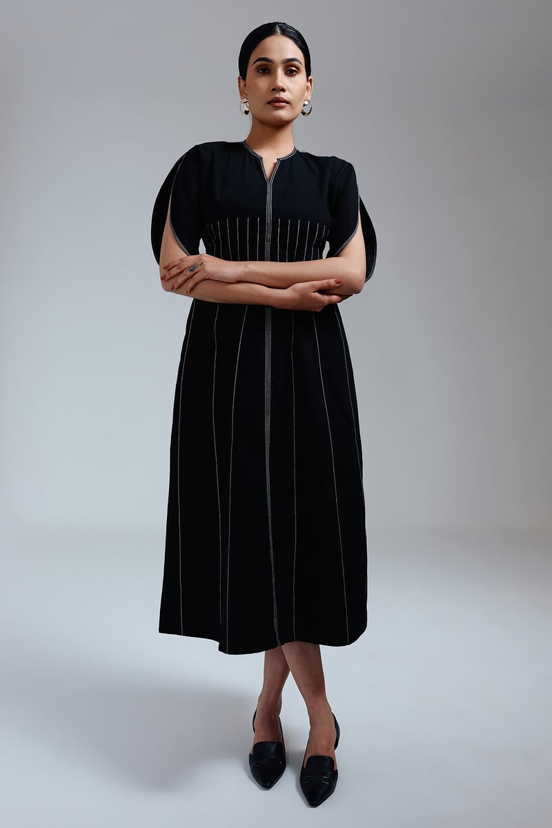 Black A-Line Midi Dress with Cape Sleeves — SHIBUI