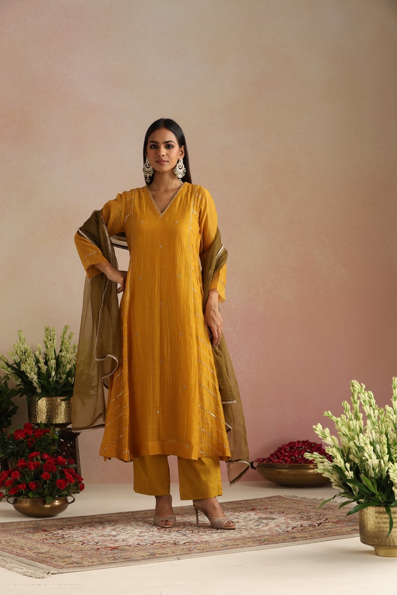 Mustard Yellow Silk Chanderi A-Line Kurta Set