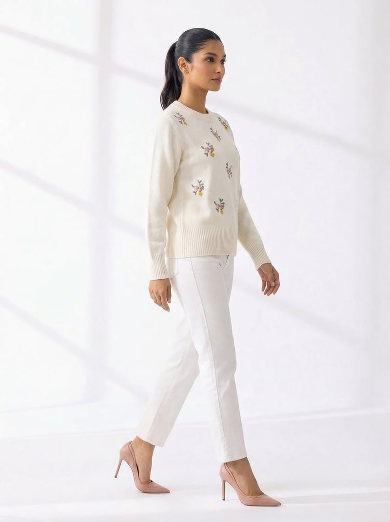 White Floral Embroidered Crewneck Pullover Sweater
