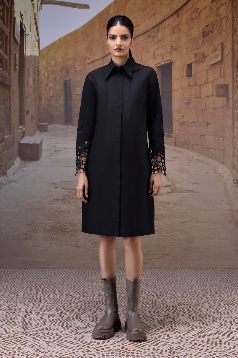 Black Poplin Midi Shirt Dress with Cutwork Sleeves