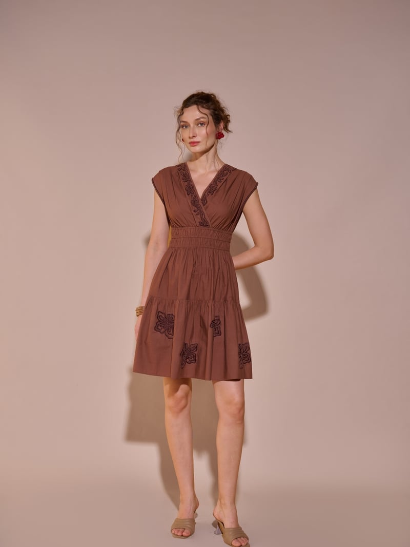 Brown Cotton Embroidered Fit and Flare Mini Dress