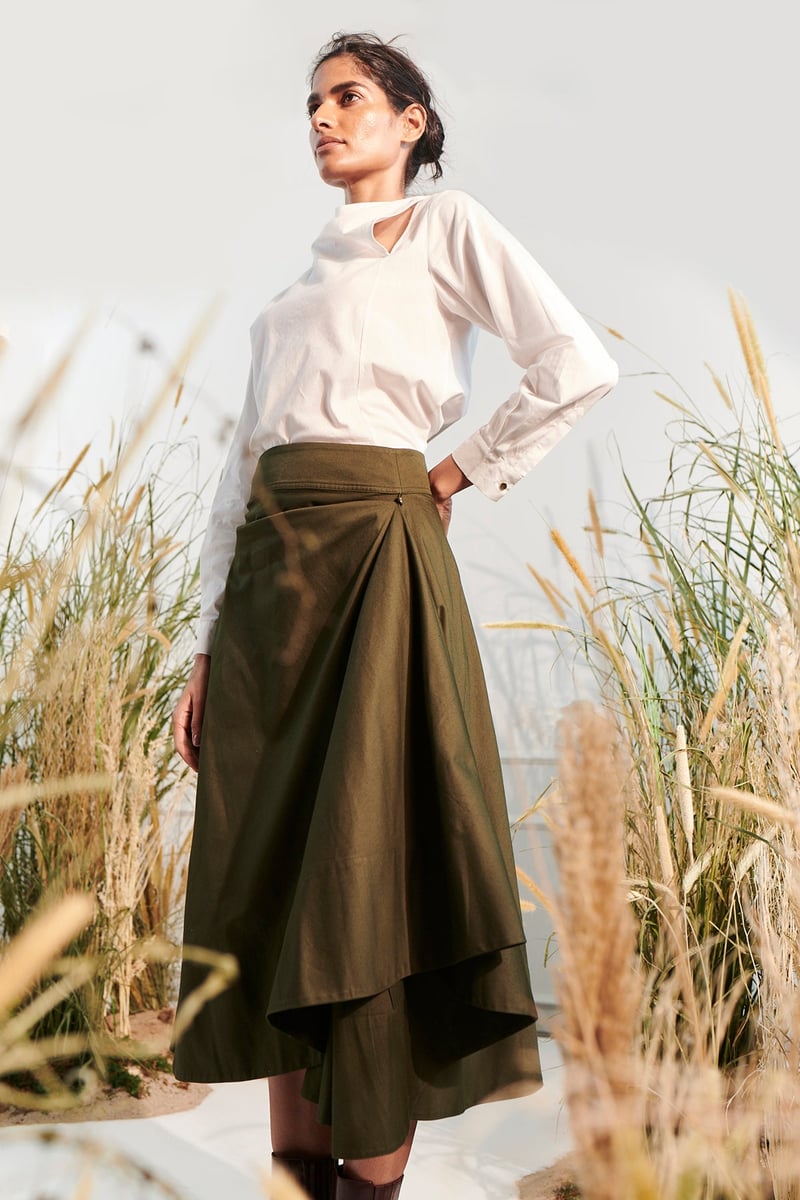 Dark Green Cotton Twill Wrap Midi Skirt
