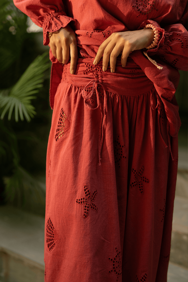Rust Wide-Leg Cutwork Drawstring Trousers