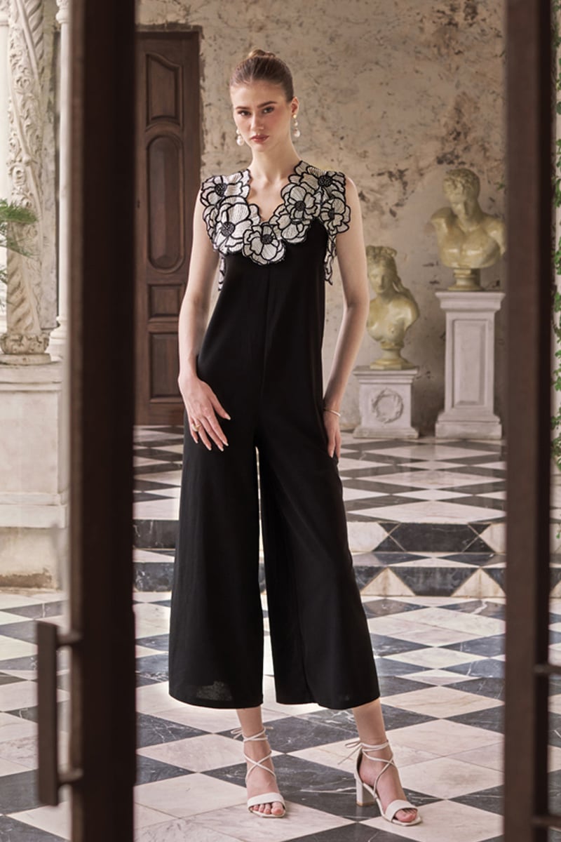Black Monochrome Floral Applique Wide-Leg Jumpsuit — BOHO-CHIC