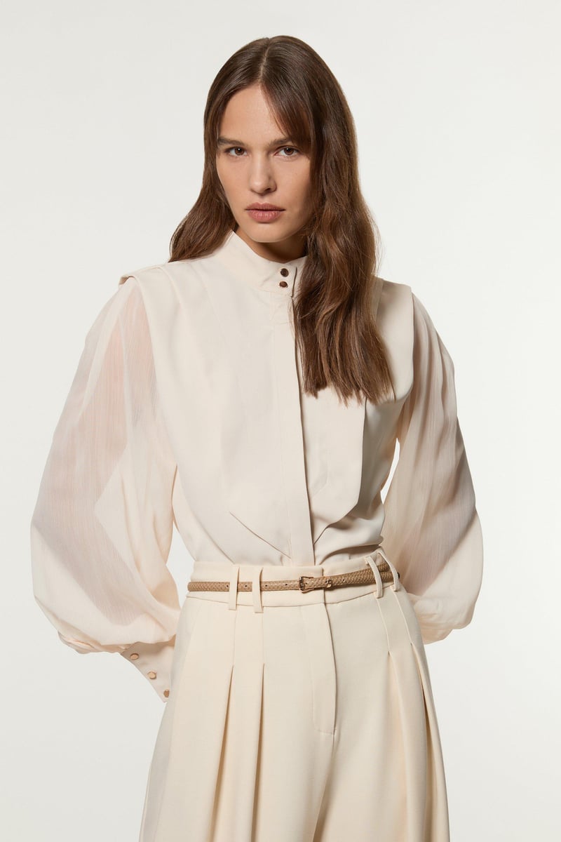 Crinkle Balloon Sleeve High Neck Woven Shirt