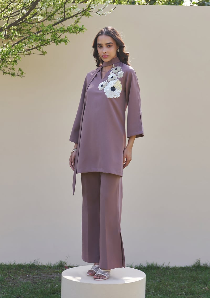 Mocha Mousse Embellished Tunic and Trouser Co-ord Set