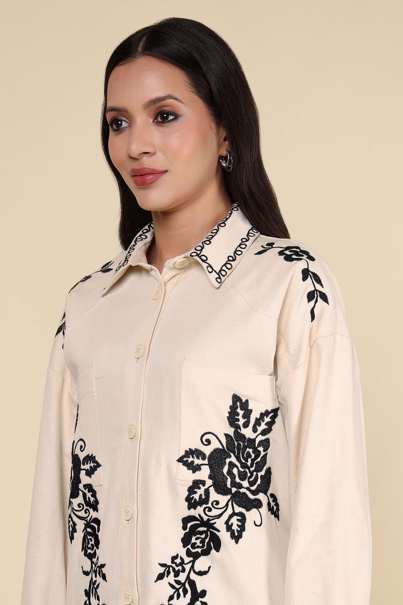 Natural Ivory Button-Down Shirt with Black Floral Motifs