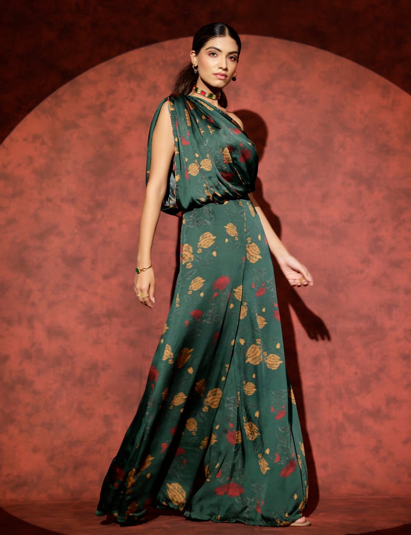 Green One-Shoulder Draped Printed Wide-Leg Jumpsuit