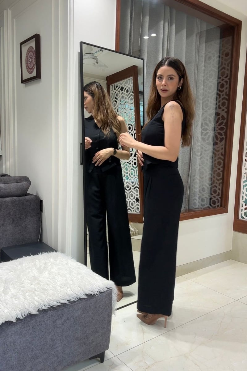 Black Waistcoat and Wide-Leg Pants Co-ord Set