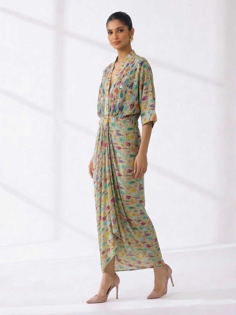 Green Abstract Print Draped Maxi Dress