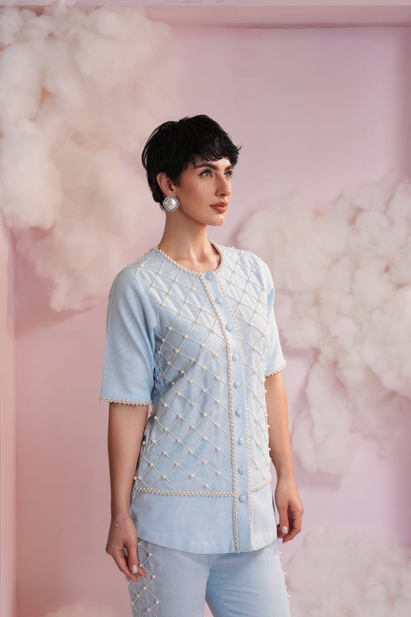 Powder Blue Pearl Lattice Shirt and Trouser Co-ord Set