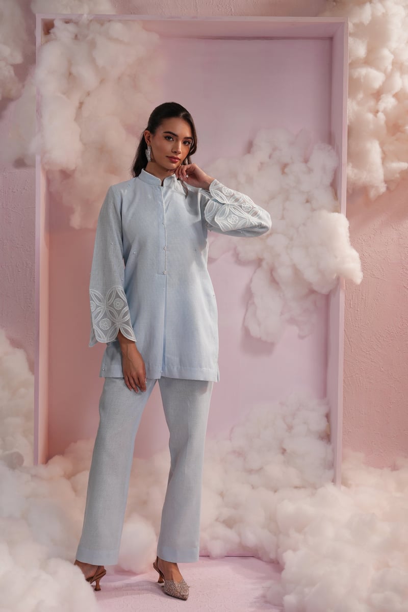 Powder Blue Linen Co-ord Set with Bell Sleeve Embroidery