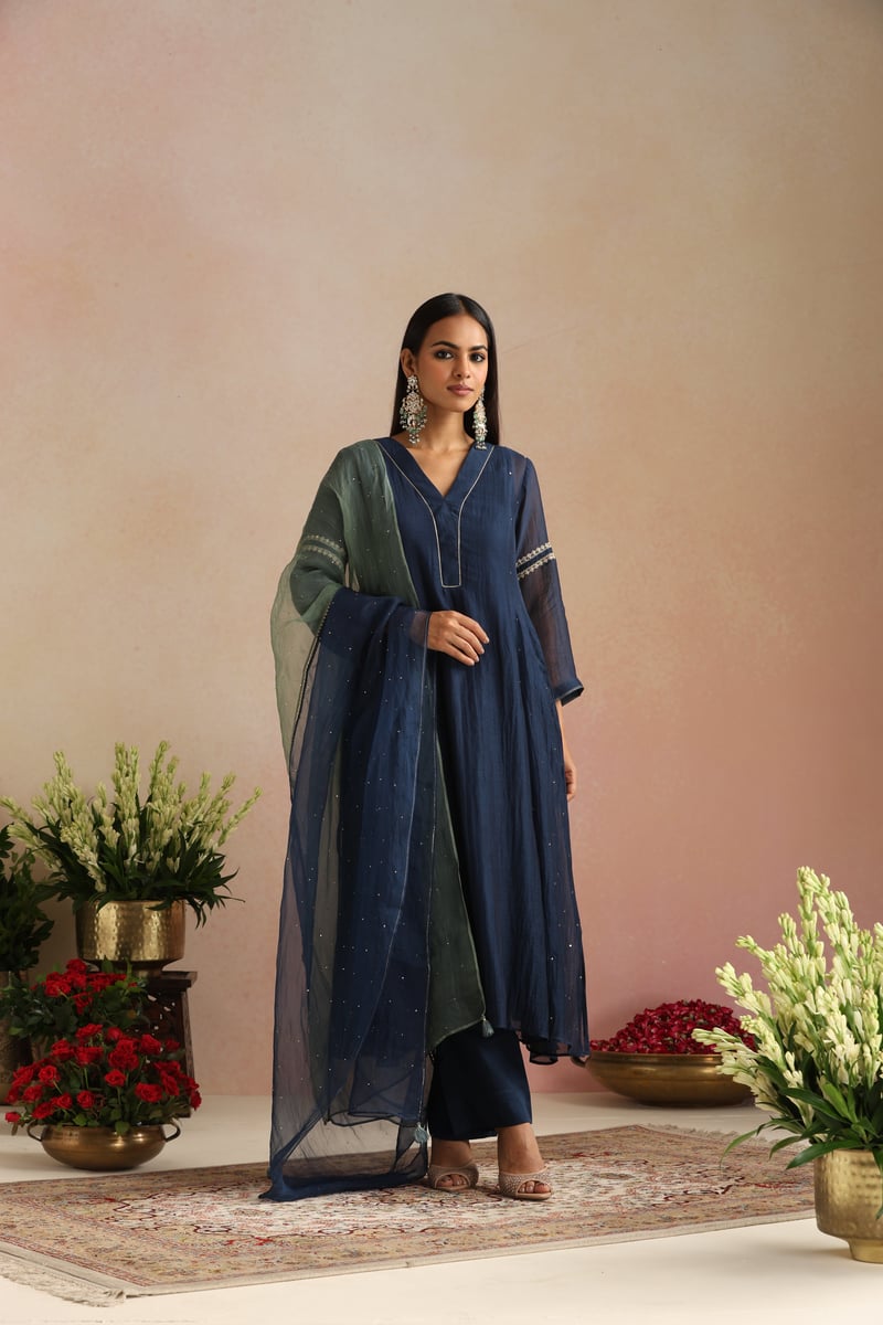 Navy Blue Silk Chanderi Embroidered Kurta Set