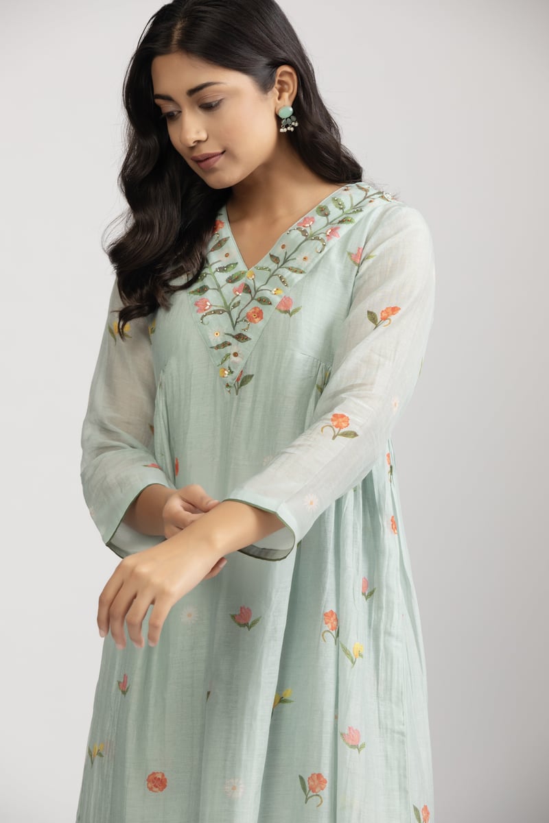 Ice Blue Floral A-Line Kurta Set with Embroidered V-Neck