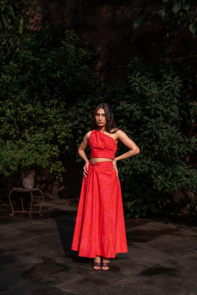 Red One-Shoulder Pleated Top and Maxi Skirt Co-ord Set
