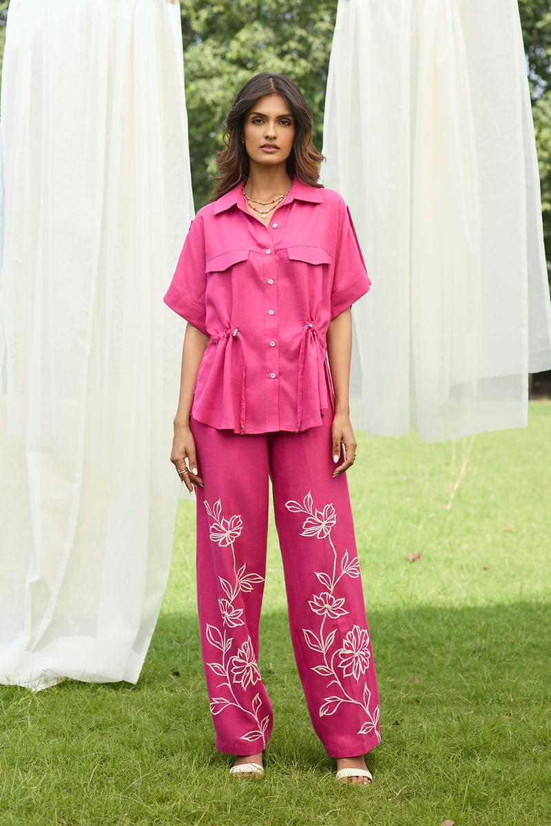 Hot Pink Linen Cotton Shirt and Embroidered Pants Co-ord Set