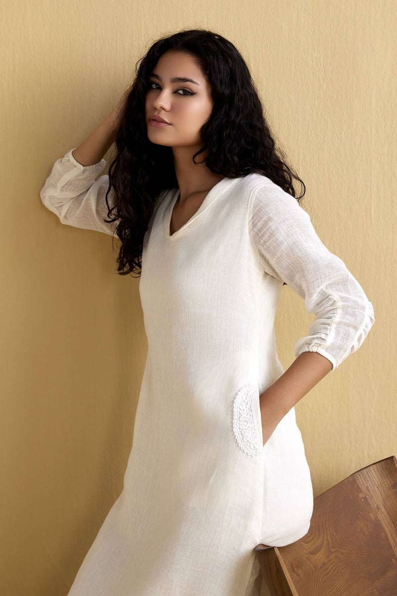 Off White Linen V-Neck Midi Dress with Pockets