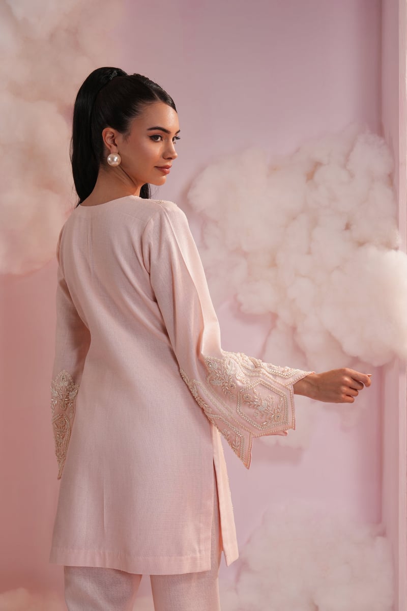 Baby Pink Pearl Embroidered Kurta and Flared Pant Co-ord Set