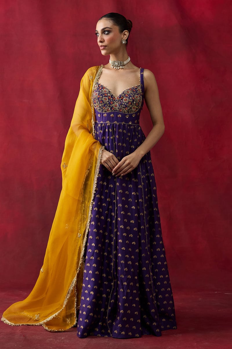 Purple Block Print Embroidered Anarkali Kurta Set