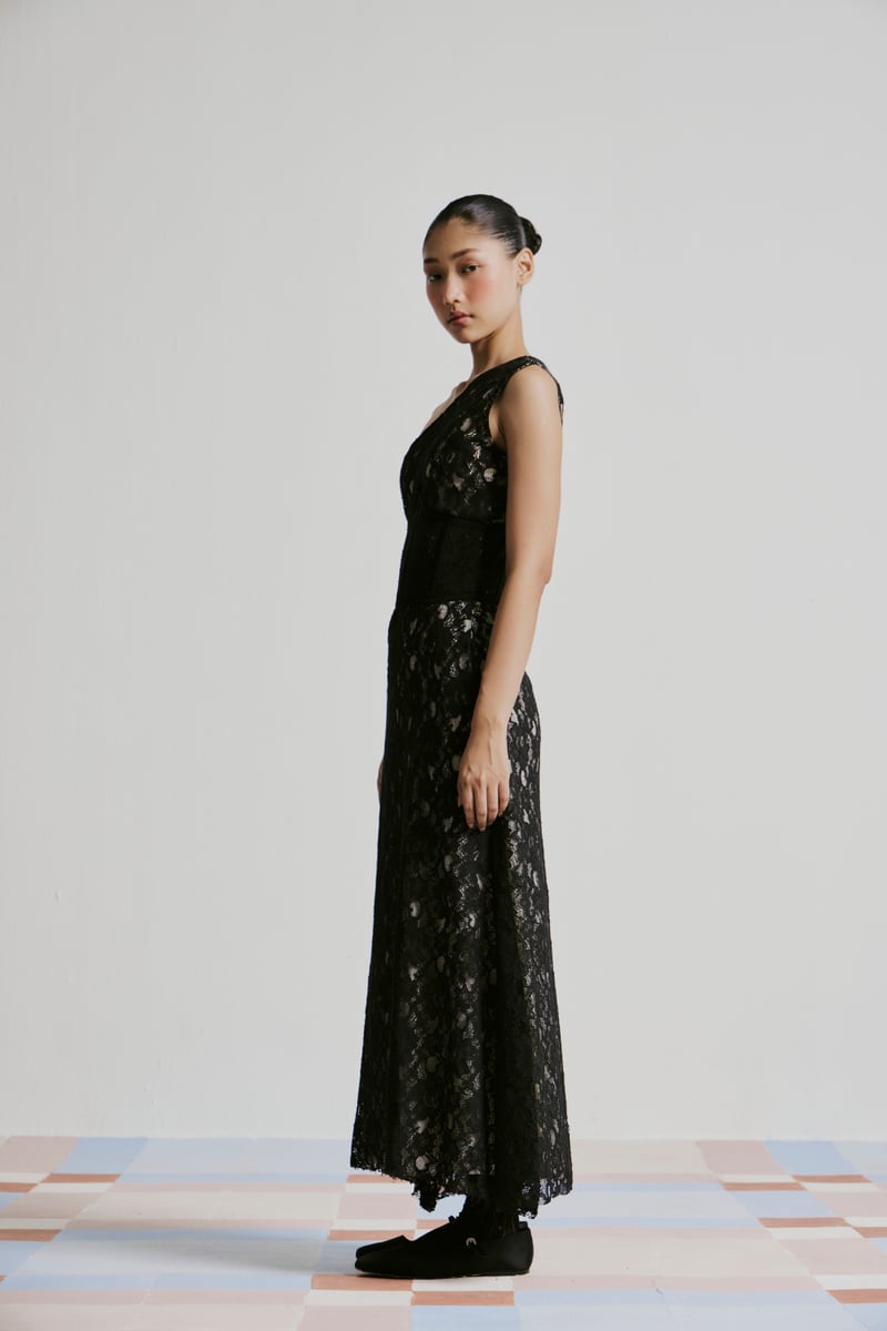 Black One-Shoulder Lace Maxi Dress with Corset Waist