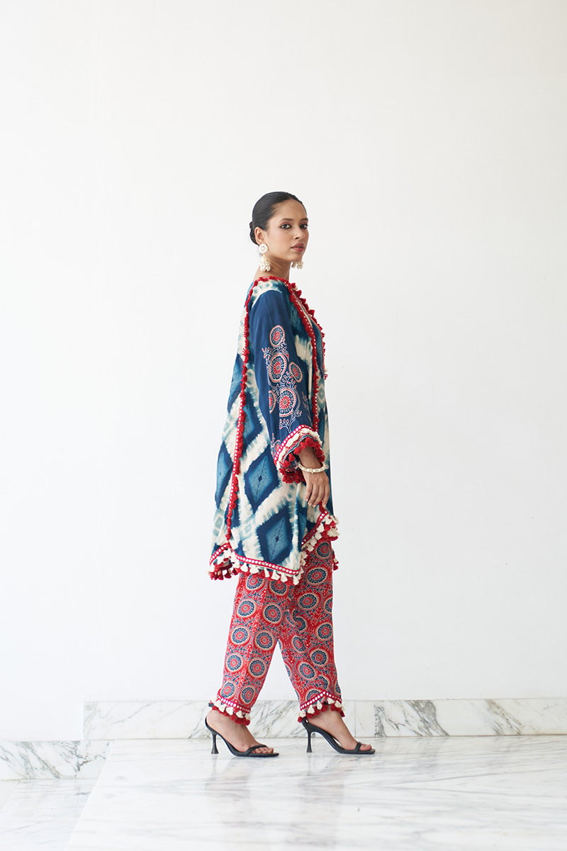 Blue Printed Crepe Kurta Set with Mirror Work Trim