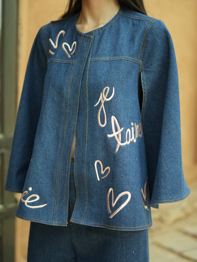 Blue Denim Embroidered Cape and Bell Bottom Co-ord Set