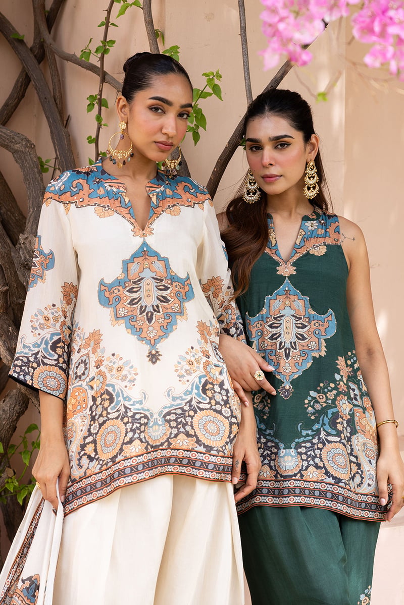 Ivory Mughal Print Muslin Kurta Set With Farshi Pants