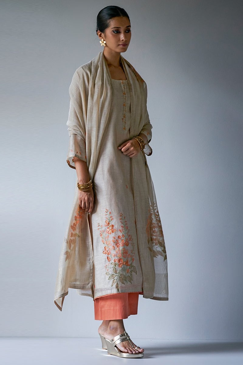 Beige and Saffron Embroidered Kurta Suit Set with Dupatta