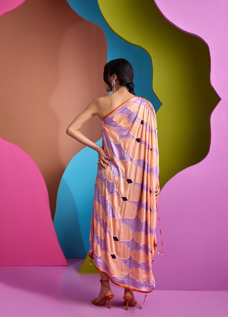 Peach Lilac One-Shoulder Printed Maxi Kaftan Dress