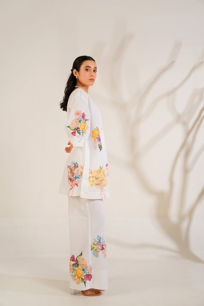 White Floral Printed Kurta Shirt and Trouser Set