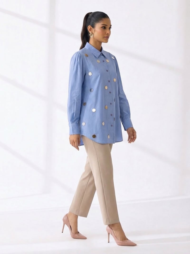 Periwinkle Embellished Longline Cotton Shirt
